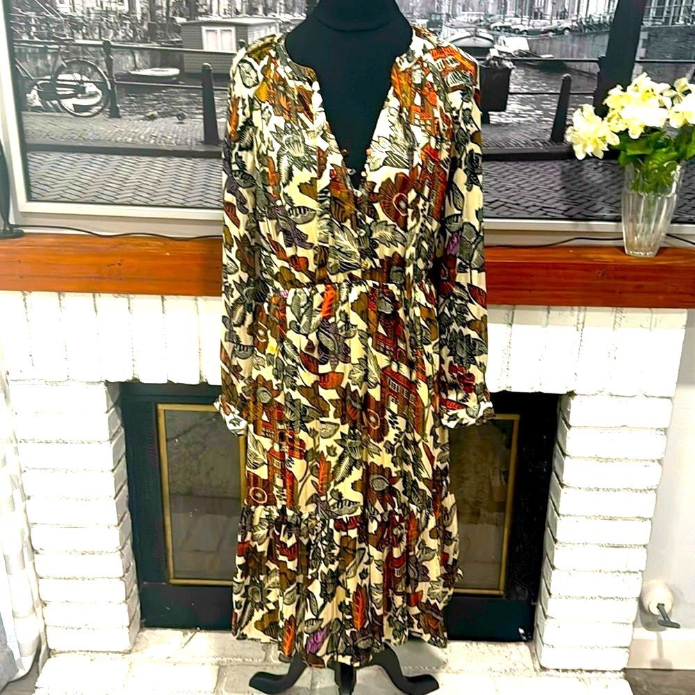 Scotch & Soda Dress Floral Front Tie Bow Midi Small Black Orange Ivory Boho